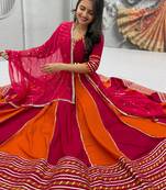 RANI PINK  & ORANGE Pure Cotton Chaniya Choli for Navratri with Real Hand Work & Dupatta