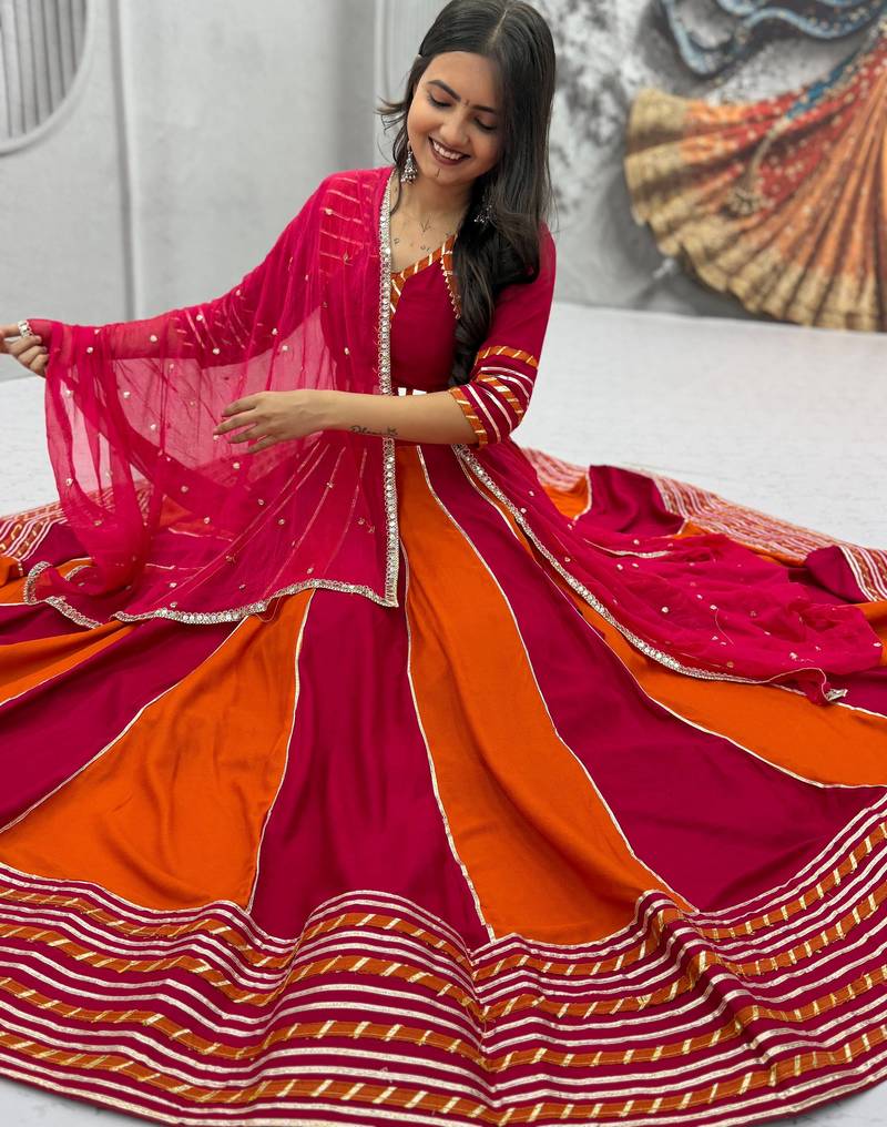 RANI PINK  & ORANGE Pure Cotton Chaniya Choli for Navratri with Real Hand Work & Dupatta
