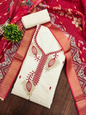 white embroidered roman silk unstitched dress material  3
