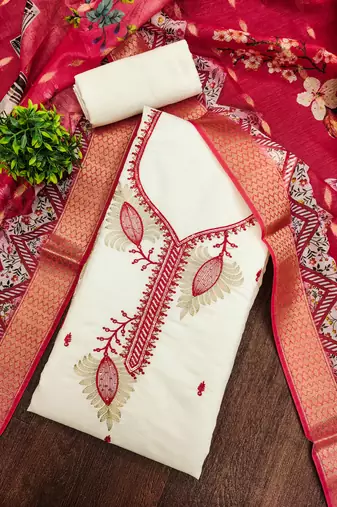 white embroidered roman silk unstitched dress material 