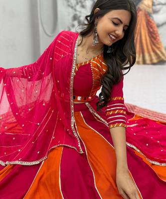 RANI PINK  & ORANGE Pure Cotton Chaniya Choli for Navratri with Real Hand Work & Dupatta 2