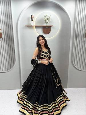 Black Pure Cotton Navratri Lehenga Choli with Heavy Gamthi Work, Mirror Lace & Embroidered Dupatta 3