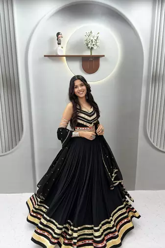 Black Pure Cotton Navratri Lehenga Choli with Heavy Gamthi Work, Mirror Lace & Embroidered Dupatta