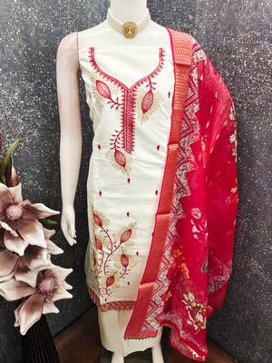 white embroidered roman silk unstitched dress material  4