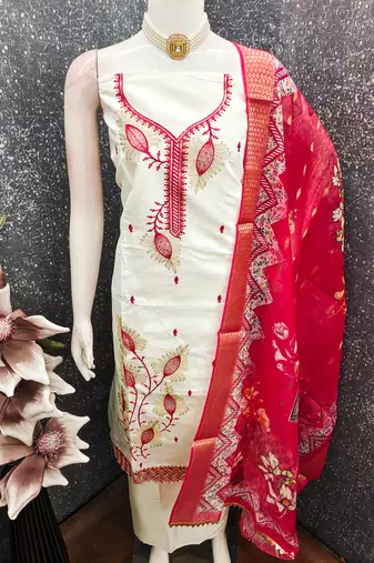 white embroidered roman silk unstitched dress material 