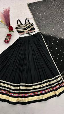Black Pure Cotton Navratri Lehenga Choli with Heavy Gamthi Work, Mirror Lace & Embroidered Dupatta 5