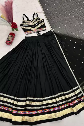 Black Pure Cotton Navratri Lehenga Choli with Heavy Gamthi Work, Mirror Lace & Embroidered Dupatta