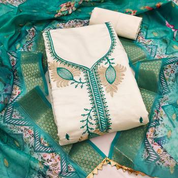 white embroidered roman silk unstitched dress material  1