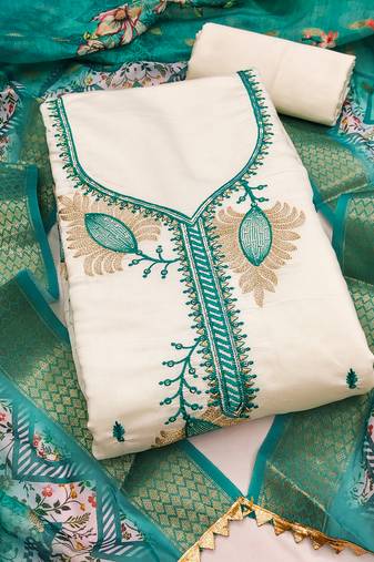 white embroidered roman silk unstitched dress material 