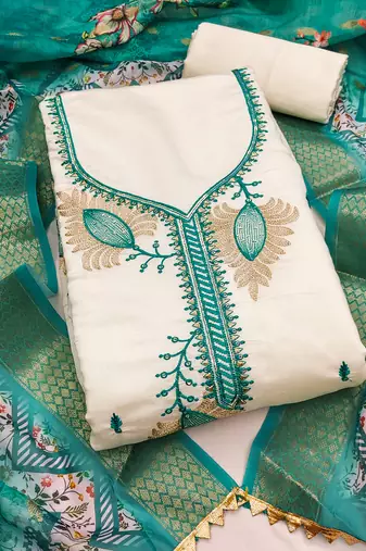 white embroidered roman silk unstitched dress material 