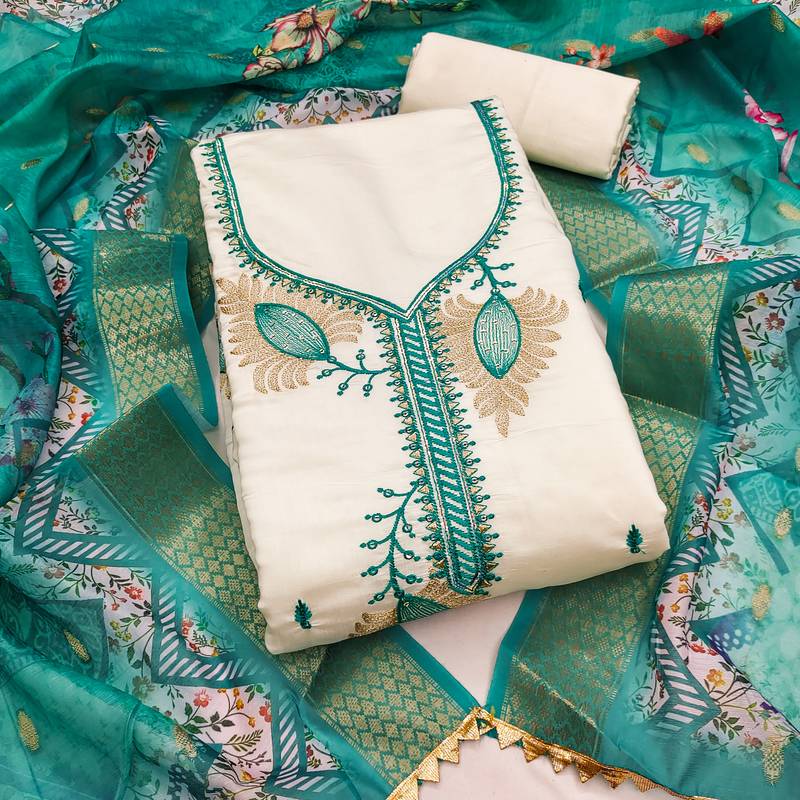 white embroidered roman silk unstitched dress material 