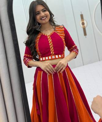 RANI PINK  & ORANGE Pure Cotton Chaniya Choli for Navratri with Real Hand Work & Dupatta 4