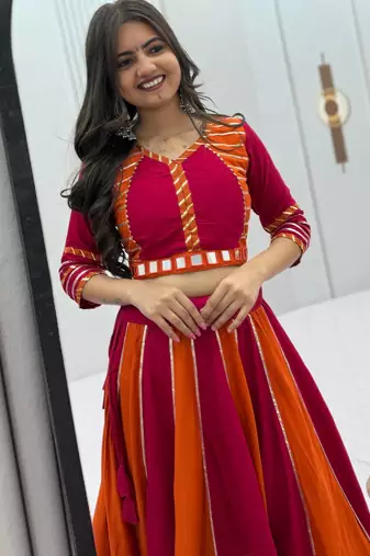 RANI PINK  & ORANGE Pure Cotton Chaniya Choli for Navratri with Real Hand Work & Dupatta