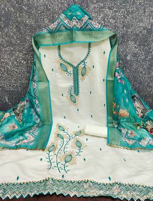 white embroidered roman silk unstitched dress material  2