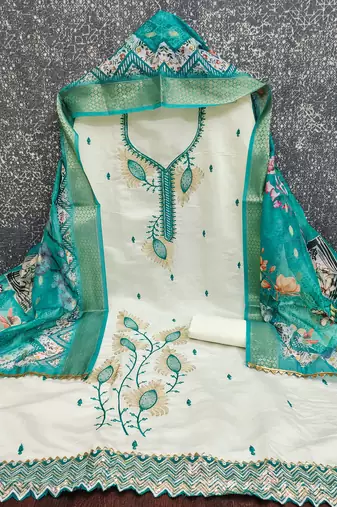 white embroidered roman silk unstitched dress material 