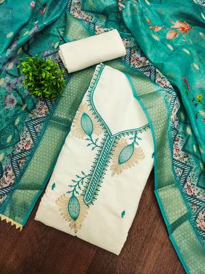white embroidered roman silk unstitched dress material  3