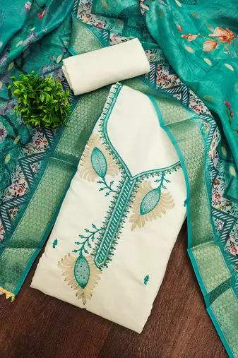 white embroidered roman silk unstitched dress material 