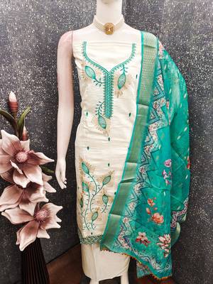 white embroidered roman silk unstitched dress material  4