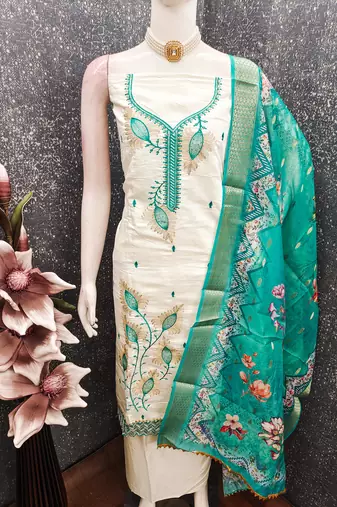 white embroidered roman silk unstitched dress material 