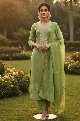 green weaved dani cotton unstitched dress material 
