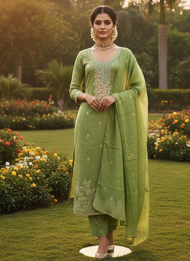 green weaved dani cotton unstitched dress material 