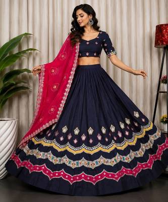 Black Embroidery and sequins Aari mirror Roman Silk Blend Lahenga Choli Set 1