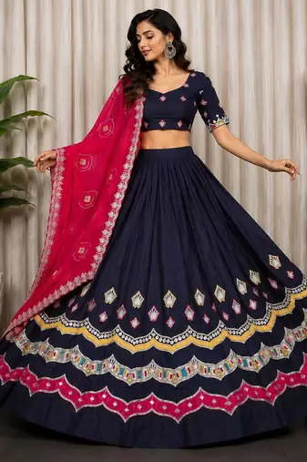 Black Embroidery and sequins Aari mirror Roman Silk Blend Lahenga Choli Set