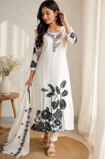 Elegant white and black floral embroidered kurta set