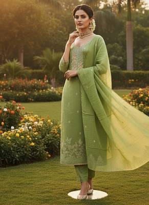 green weaved dani cotton unstitched dress material  2