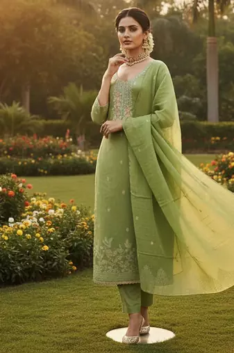 green weaved dani cotton unstitched dress material 