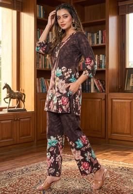 Women's dark brown floral printed co-ord set 1