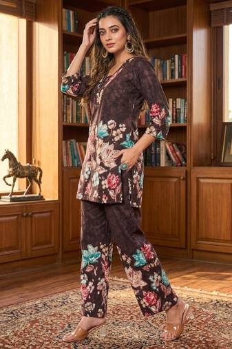 Women's dark brown floral printed co-ord set