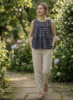 Navy blue checks printed linen cotton top with bottom set 1