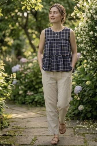 Navy blue checks printed linen cotton top with bottom set