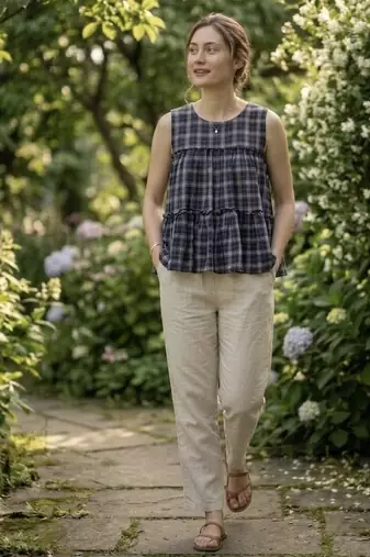 Navy blue checks printed linen cotton top with bottom set