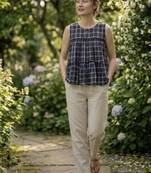 Navy blue checks printed linen cotton top with bottom set