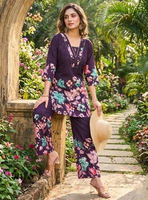 Purple floral printed ethnic co-ord set 1