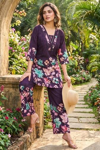 Purple floral printed ethnic co-ord set