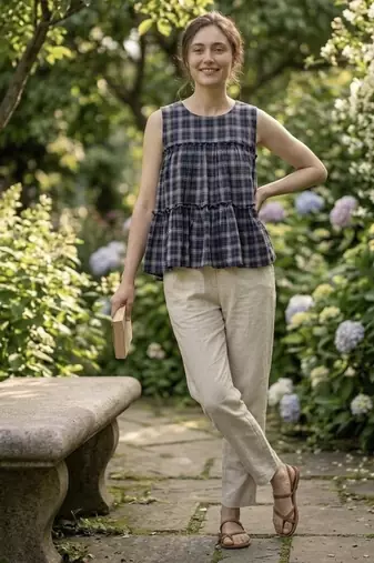 Navy blue checks printed linen cotton top with bottom set