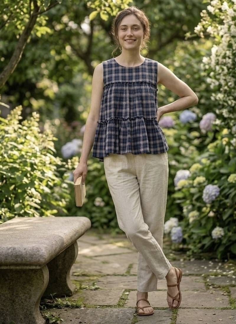 Navy blue checks printed linen cotton top with bottom set