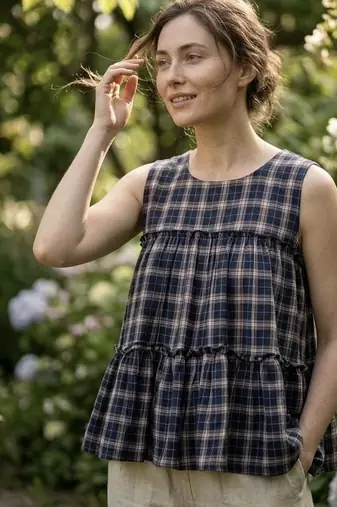 Navy blue checks printed linen cotton top with bottom set