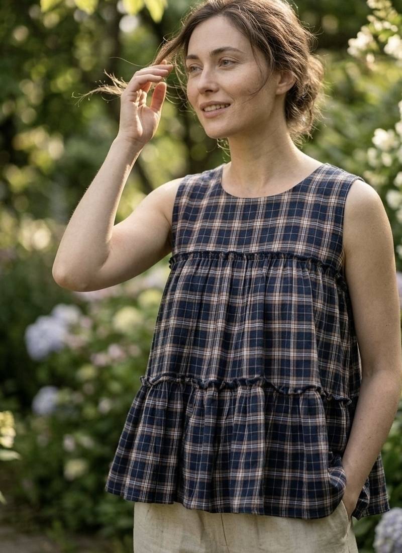 Navy blue checks printed linen cotton top with bottom set
