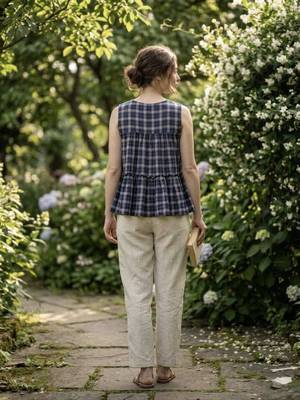 Navy blue checks printed linen cotton top with bottom set 4