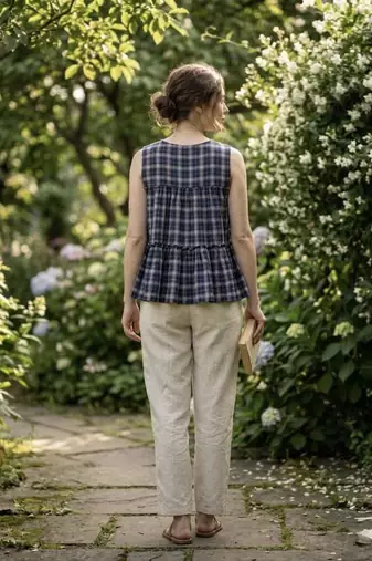 Navy blue checks printed linen cotton top with bottom set
