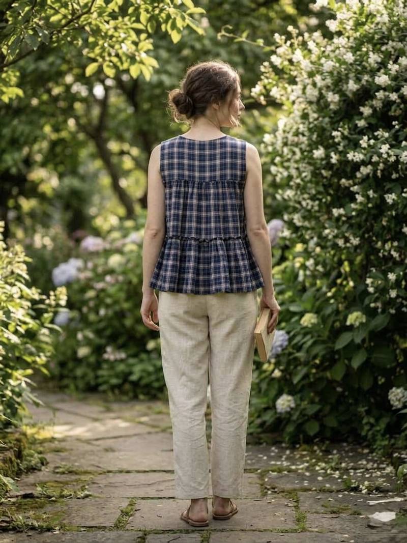 Navy blue checks printed linen cotton top with bottom set