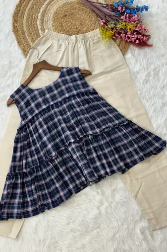 Navy blue checks printed linen cotton top with bottom set