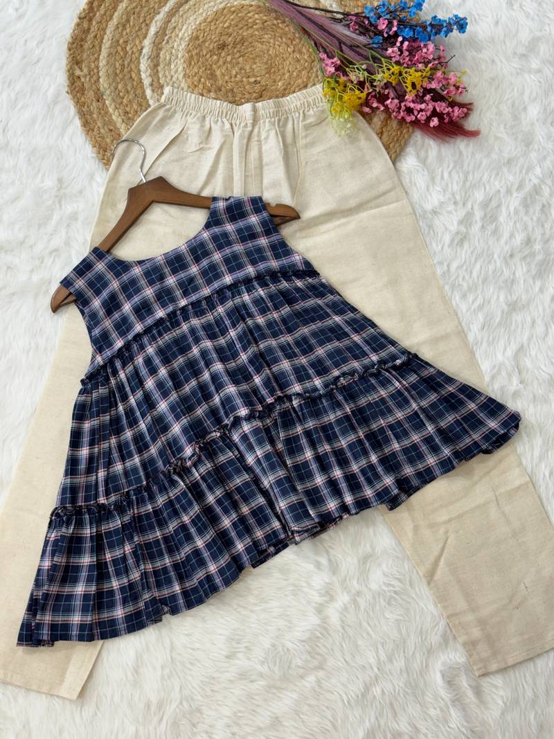Navy blue checks printed linen cotton top with bottom set