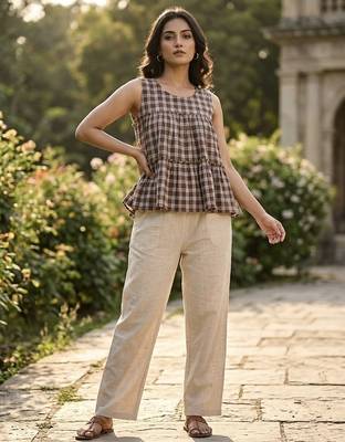Coffee checks printed linen cotton top with bottom set 1