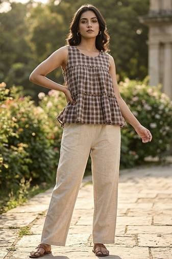 Coffee checks printed linen cotton top with bottom set