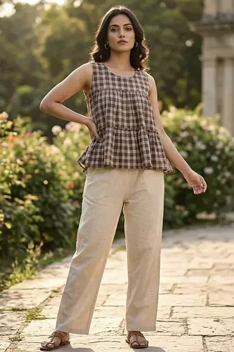 Coffee checks printed linen cotton top with bottom set